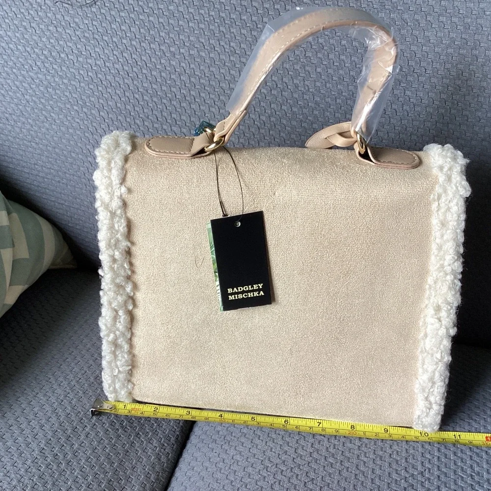 Badgley Mischka Faux Shearling Satchel Top Handle Crossbody‎ Bag Purse